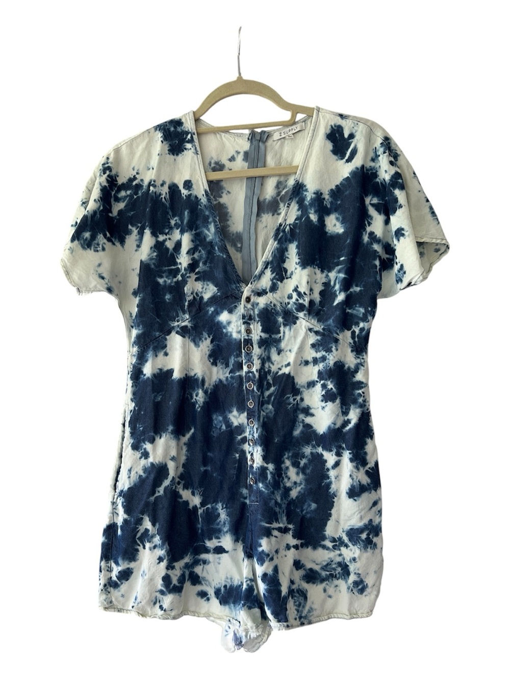 Z Supply Navy and White Tie-Dye Romper with zipper